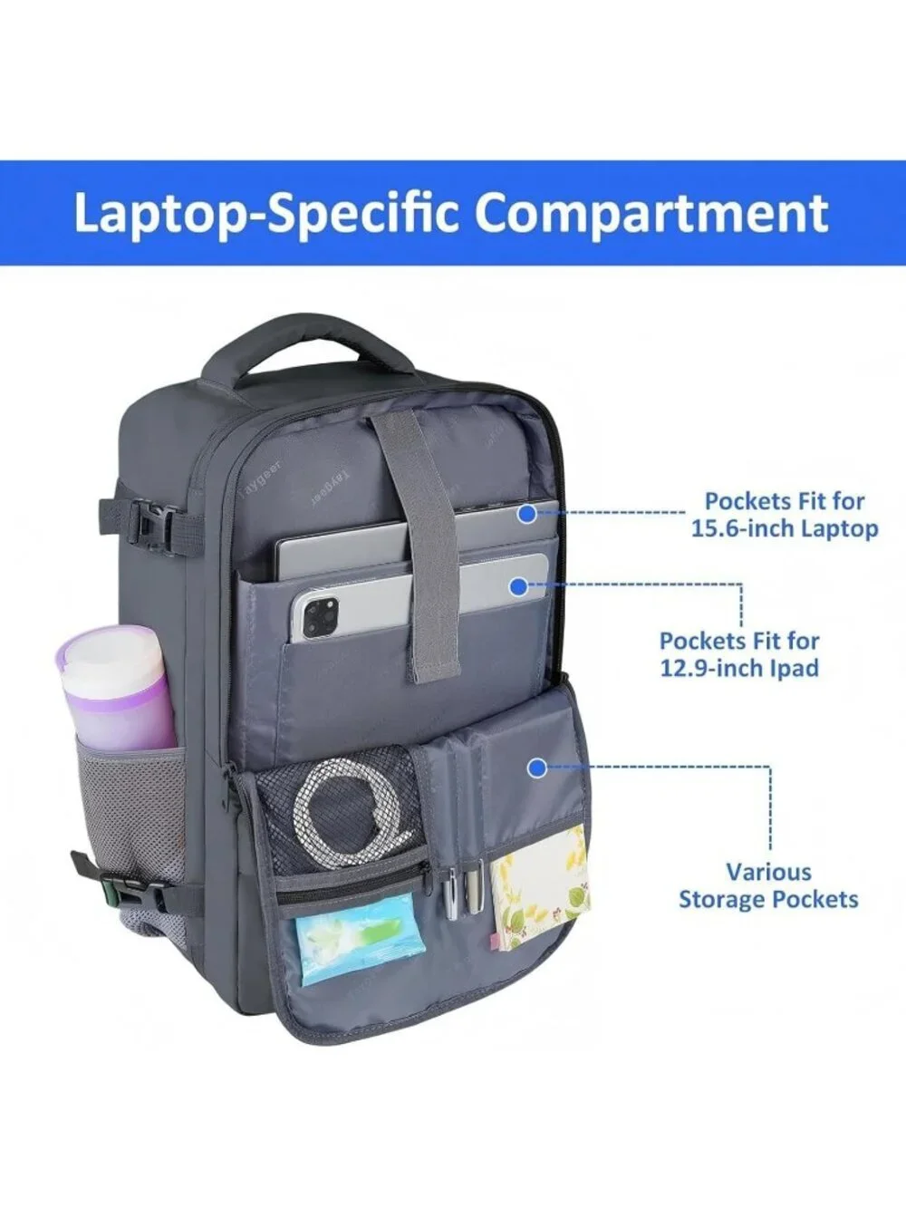 Women's Darkgrey 15.6inch Laptop Mochila Flight Approved Daypack with Pocket